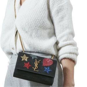 VINTAGE SAINT LAURENT BLACK SUEDE BEADED
MONOGRAM KATE SHOULDER BAG